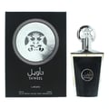 Lattafa Taweel 100ml EDP Unisex — Black perfume box with silver intricate design and Arabic script, next to a clear glass perfume bottle with a silver cap and black textured detailing.