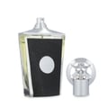 Lattafa Taweel by Lattafa 100ml EDP Unisex — Tall glass perfume bottle with black textured panel and silver cap, shown with detached silver decorative cap featuring deer motif.