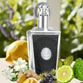 Lattafa Taweel by Lattafa 100ml EDP Unisex — A clear glass perfume bottle with a black textured front panel and silver ornate cap, surrounded by fresh ingredients like lemon, jasmine, ginger, bergamot, and juniper berries.