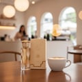 Lattafa Teriaq by Lattafa 100ml EDP Unisex — Perfume bottle and box displayed on a wooden table with a latte art coffee cup in a cafe setting.