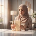 Lattafa Teriaq by Lattafa 100ml EDP Unisex — Woman in hijab holding a gold perfume bottle and its box, seated at a table with soft natural light.