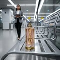 Lattafa Teriaq by Lattafa 100ml EDP Unisex — A tall, clear perfume bottle with gold accents and pink leaf-like designs sits on a silver bench in a modern, well-lit transit station, with a blurred woman walking in the background.