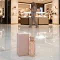 Lattafa Teriaq by Lattafa 100ml EDP Unisex — Pink perfume box and bottle with gold accents on a marble floor, blurred background of a luxury store.