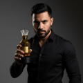 Lattafa Velvet Oud by Lattafa 100ml Unisex — Man in black shirt holding a gold perfume bottle with a crystal cap, dark grey background