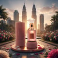 Lattafa Velvet Rose by Lattafa 100ml Unisex — A pink perfume bottle and its cylindrical box stand on a gold circular display, surrounded by rose petals and lush rose bushes, with the Petronas Twin Towers in the background at sunset.