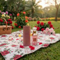 Lattafa Velvet Rose by Lattafa 100ml Unisex — A Lattafa Velvet Rose perfume bottle and its cylindrical case sit on a picnic blanket with a floral rose pattern, surrounded by rose petals and flowers in a garden setting.