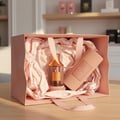 Lattafa Velvet Rose by Lattafa 100ml Unisex — Pink gift bag with crumpled pink tissue paper, a glass perfume bottle with gold accents, and a matching pink cylindrical case.