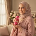 Lattafa Yara Candy by Lattafa 100ml EDP Women — Wanita bertudung dan berbaju merah jambu memegang botol minyak wangi merah jambu dan emas, tersenyum.