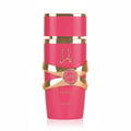 Lattafa Yara Candy by Lattafa 100ml EDP Women — Botol minyak wangi merah jambu dengan perincian emas dan tulisan Arab, bertali emas di bahagian tengah dan nama jenama Lattafa di tapak.