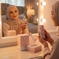 Lattafa Yara by Lattafa 100ml EDP Women — Wanita bertudung pegang penyembur minyak wangi merah jambu berwap, terpantul di cermin lampu solek, sebelah kotak produk di atas meja solek.