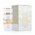 Lattafa Yara Moi by Lattafa 100ml EDP Women — White perfume bottle with gold ribbon detail and matching patterned box, isolated on white background.