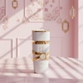 Lattafa Yara Moi by Lattafa 100ml EDP Women — White and gold perfume bottle with Arabic script and gold ribbon accents, displayed on a marble surface with soft pink background and decorative wall molding.