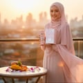 Lattafa Yara by Lattafa 100ml EDP Women — Wanita bertudung pink pegang botol dan kotak perfume pink, dengan meja buah-buahan dan bunga di hadapan.