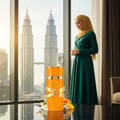 Lattafa Yara Tous by Lattafa 100ml EDP Women — Orange perfume bottle with gold ribbon and emblem, placed on a reflective black surface with mango, coconut, and vanilla flower props, with a woman in a green hijab and dress standing by a window overlooking the Petronas Twin Towers.