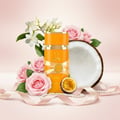 Lattafa Yara Tous by Lattafa 100ml EDP Women — Orange perfume bottle with gold ribbon, surrounded by pink roses, jasmine flowers, a coconut half, and passion fruit.