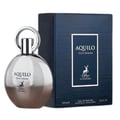 Maison Alhambra Aquilo Pour Homme — Silver round perfume bottle with a silver ring cap next to a dark blue textured box with a deer logo.