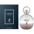 Maison Alhambra Aquilo Pour Homme — Dark blue textured box next to a round silver and rose gold gradient perfume bottle with a silver ring cap.
