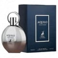 Maison Alhambra Aquilo Pour Homme — Silver spherical perfume bottle with a metallic cap, next to a dark blue rectangular box with gold accents.