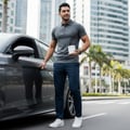 Maison Alhambra Alpine Homme Sport By Maison Alhambra Men 100ml — Man in grey polo and navy pants holding a white perfume bottle next to a car door.