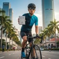 Maison Alhambra Alpine Homme Sport By Maison Alhambra Men 100ml — Cyclist in blue and black cycling gear holding up a box of Alpine Homme Sport perfume, with city skyscrapers and palm trees in the background.
