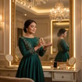 Maison Alhambra Anarch by Maison Alhambra 100ml EDP Women — Woman in a green dress spraying perfume on her wrist in a luxurious vanity room with a large ornate mirror