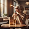 Maison Alhambra Athena Eau de Parfum 100 ml Ville Femme — Woman in hijab holding a coffee cup, with a perfume bottle and box on a table.