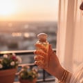 Maison Alhambra Athena Eau de Parfum 100 ml Ville Femme — Hand holding a clear glass perfume bottle with a white and gold cap, against a sunset cityscape background.