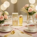 Maison Alhambra Athena Eau de Parfum 100 ml Ville Femme — A perfume bottle and box displayed with tea cups, roses, and a teapot on a table.