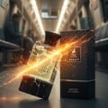 Maison Alhambra Avant by Maison Alhambra 100ml EDP Men — A cracked glass perfume bottle with golden liquid and sparks exploding, next to its black box with a deer logo, set against a blurred train interior background.