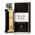 Maison Alhambra B.A.D. Femme by Maison Alhambra 100 ml — Dark blue and gold perfume bottle with a clear cap next to its black and gold box, featuring white text and a deer logo.