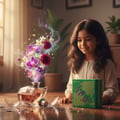 Maison Alhambra Luxe Bold by Maison Alhambra – 100 ml Unisex, a young girl looks at a broken perfume bottle with flowers emerging, a green box is beside her.