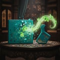 Maison Alhambra Luxe Emerald Perfume Maison Alhambra 100ml Unisex — Teal perfume box exploding with green orchids and light trails, next to a teal perfume bottle with gold accents on a patterned table.