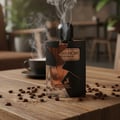 Maison Alhambra Opera Noir by Maison Alhambra 100ml EDP — A glass perfume bottle with a black textured cap and a cracked black label, emitting smoke, placed on a wooden table with scattered coffee beans and a cup of coffee in the background.