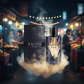 Maison Alhambra Salvo Elixir — Botol minyak wangi biru gelap dan kotaknya dipamerkan di tengah asap berpusar, dengan latar belakang pasar malam yang kabur.
