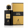Maison Alhambra Black Origami — Botol minyak wangi hitam bertutup emas dan label emas, bersebelahan kotak berjalur emas dengan jalur hitam.