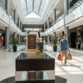 Maison Alhambra Brulant Oud for Men 100ml — A gold-capped perfume bottle and its box displayed on a reflective surface in a shopping mall atrium with a man walking in the background carrying shopping bags.