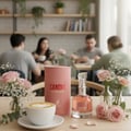 Maison Alhambra Candid by Maison Alhambra 100 ml for Women — A pink perfume bottle and cylindrical box sit on a wooden table with a latte art coffee, pink roses, and baby's breath in vases. People are blurred in the background.