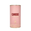 Maison Alhambra Candid by Maison Alhambra 100 ml for Women — Pink cylindrical packaging with gold trim, featuring the word CANDID in bold red letters and 'EAU DE PARFUM' below. A gold deer logo is centered, with text 'NATURAL SPRAY VAPORISATEUR 100 mlis 2.4 FLOZ' at the base.