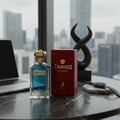 Maison Alhambra Candid Pour Homme — Blue fragrance bottle with gold cap and red box on a marble desk, laptop and abstract sculpture in background