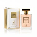 Maison Alhambra Como Moiselle Eau de Parfum 100ml untuk Wanita — Botol kaca minyak wangi berbentuk segi empat dengan cecair merah jambu dan penutup emas, bersebelahan kotak putih dan emasnya, di atas latar belakang putih.