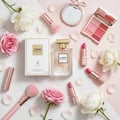 Maison Alhambra Como Moiselle — Eau de Parfum untuk Wanita, 100ml, dipaparkan bersama mawar merah jambu, peonies putih, palet solekan, gincu, dan berus solekan di atas latar belakang marmar dan merah jambu.