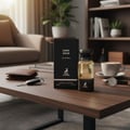 Maison Alhambra Dark Aoud by Maison Alhambra 80ml EDP — Kotak gelap dan botol kaca amber wangian Dark Aoud terletak di atas meja kayu bersebelahan dompet, kunci kereta, dan secawan kopi.