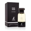 Maison Alhambra Dark Aoud 80ml EDP — Kotak hitam dan botol minyak wangi kaca gelap dengan penutup bertekstur coklat, ada logo rusa dan tulisan.