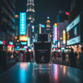 Maison Alhambra Dark Door Intense by Maison Alhambra — A clear glass perfume bottle with a dark liquid and black cap, labeled 'DARK DOOR INTENSE' and a deer logo, sits on a reflective surface against a blurred, neon-lit city street at night.