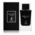 Maison Alhambra Dark Door Intense — Black box and clear glass bottle with black cap, featuring a silver deer logo and text.