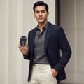 Maison Alhambra Dark Door Intense by Maison Alhambra 100ml Men — Man in a dark suit holding a clear perfume bottle with a black cap and label.