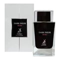 Maison Alhambra Dark Door Sport Men 100ml EDP — A clear glass perfume bottle with dark liquid and a silver cap, next to its white and silver box with a black label featuring a deer logo.