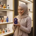 Maison Alhambra Philos Centro 100ml EDP — Woman in a hijab smiling and holding a dark purple perfume bottle with a gold ring cap, standing in front of shelves of perfumes.