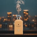 Maison Alhambra Decadent Wonder Her EDP 100 ml Alhambra — A peach-colored perfume bottle with a silver ornate cap, emitting wisps of smoke, sits on a dark surface against a blurred background of city lights at night with raindrops on glass.