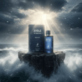 Maison Alhambra Jorge Di Profumo Deep Blue by Maison Alhambra 100ml Men — A dark blue perfume bottle and its box stand on a rocky outcrop in rough, stormy seas with dramatic sunlight breaking through dark clouds.